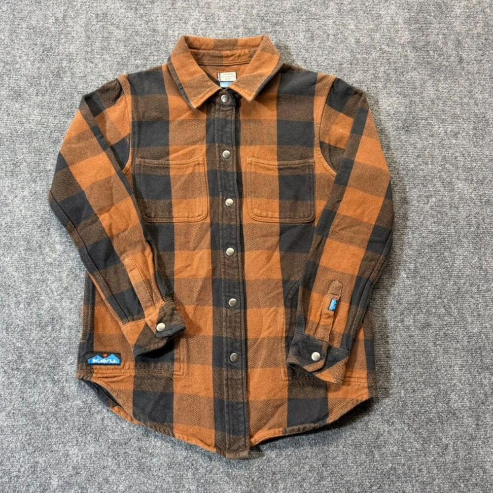 KAVU Women's XS Buffalo Plaid Flannel Shacket Rust Black Cotton Snap Front